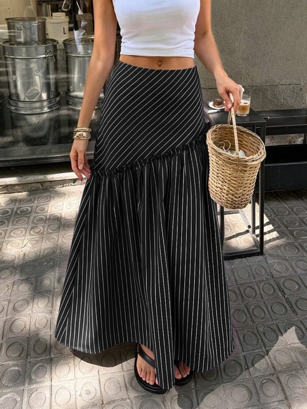 Black Casual Women's Patchwork Frill Trim Striped A-Line Skirt